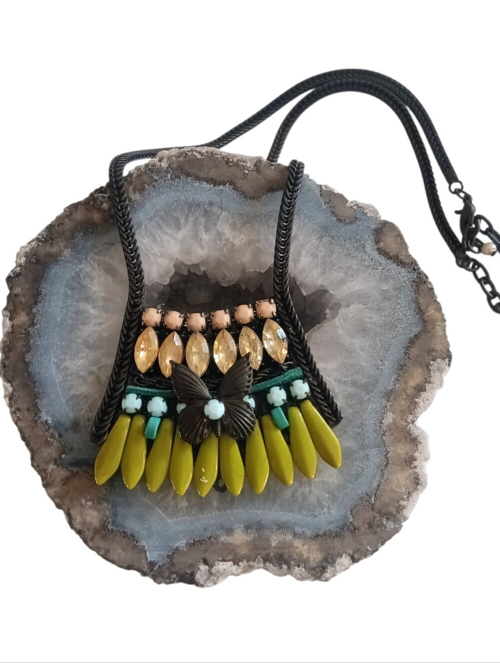Rare J Crew Statement Necklace Black Metal Chain Green Teal And Beige Crystals